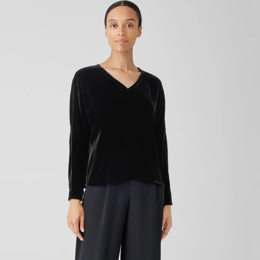 Eileen Fisher Silk Velvet V-Neck Long Dolman Sleeve Boxy Top
